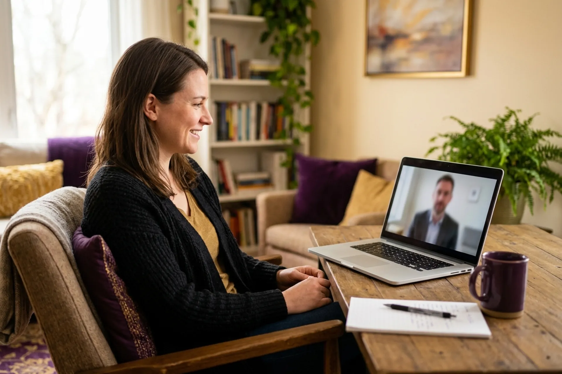 A person connecting with a clinician through a secure telehealth session