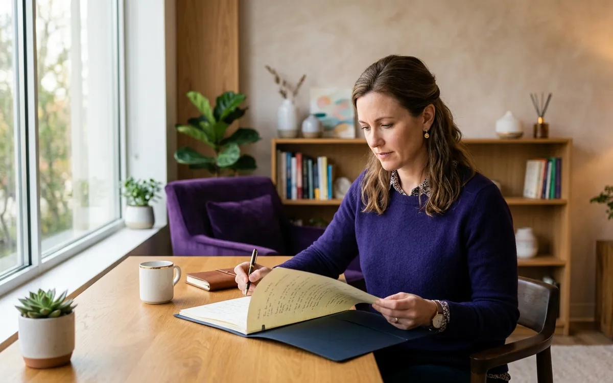 Clinician reviewing a psychiatric evaluation and medication plan in a calm office