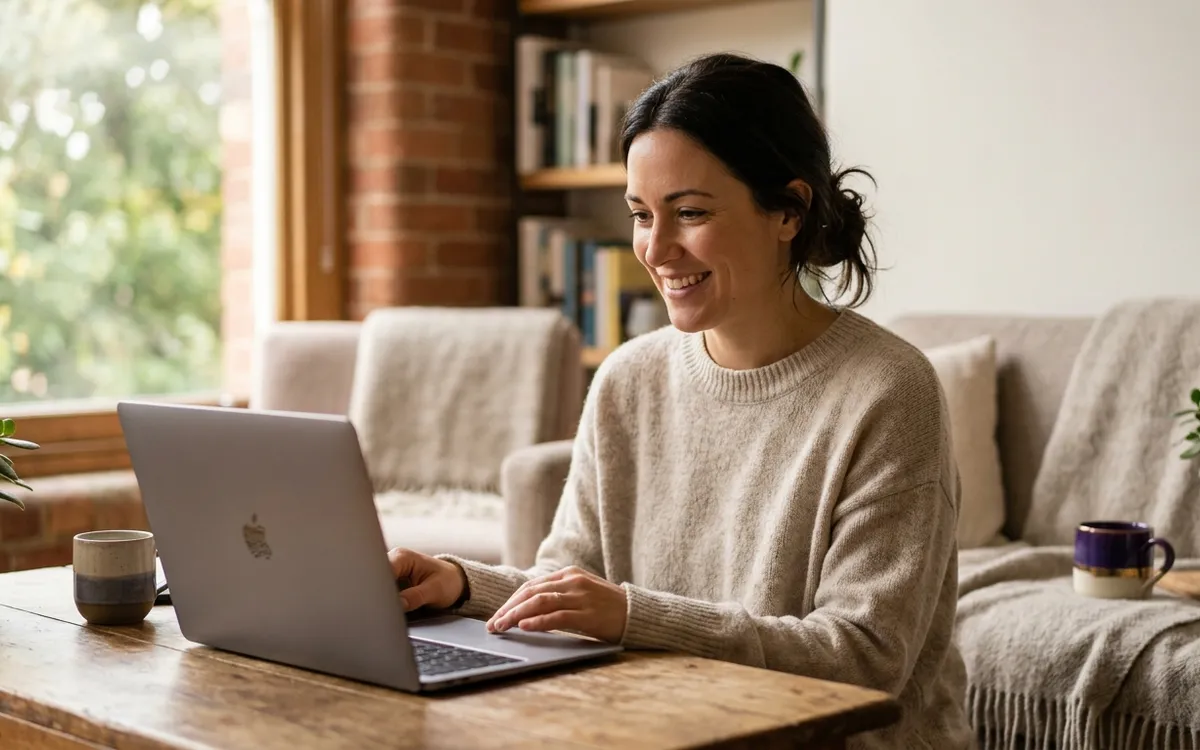 Person attending a secure telehealth mental health session from a comfortable home setting